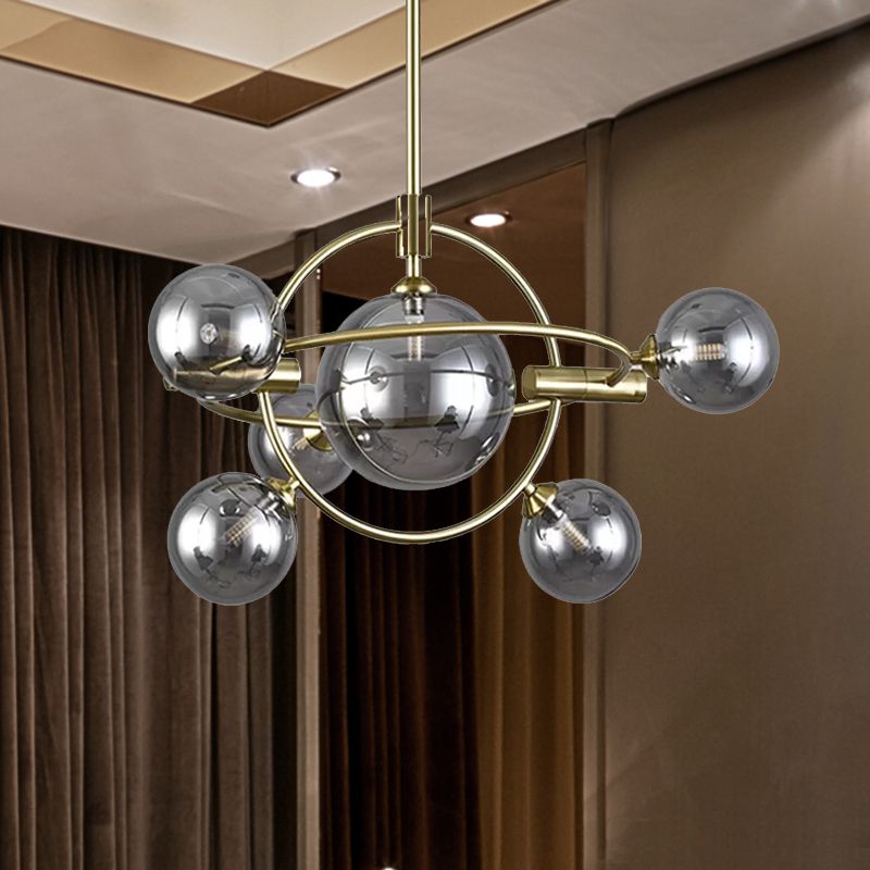 Gold Concentric Ring Pendant Light with Sphere Shade Amber/Clear/Smoke Glass Contemporary Chandelier for Living Room