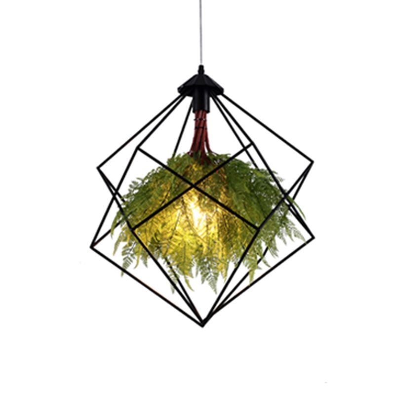 Caged Iron Plant Hanging Lamp Vintage Single-Bulb Restaurant Lighting Pendant in Green