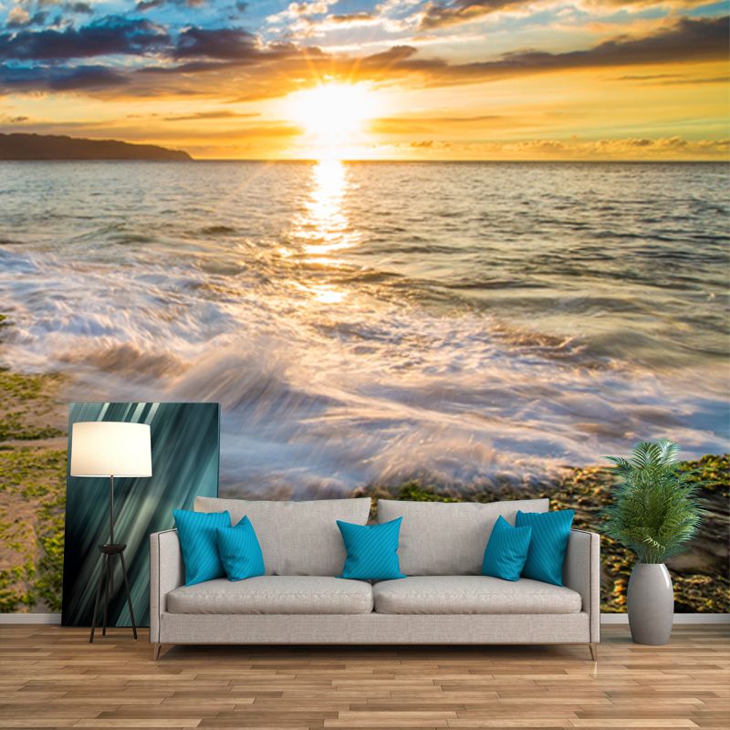 Photo Print Sea Sundown Mural Wallpaper for Hallway, Yellow-Blue, Personalized Size