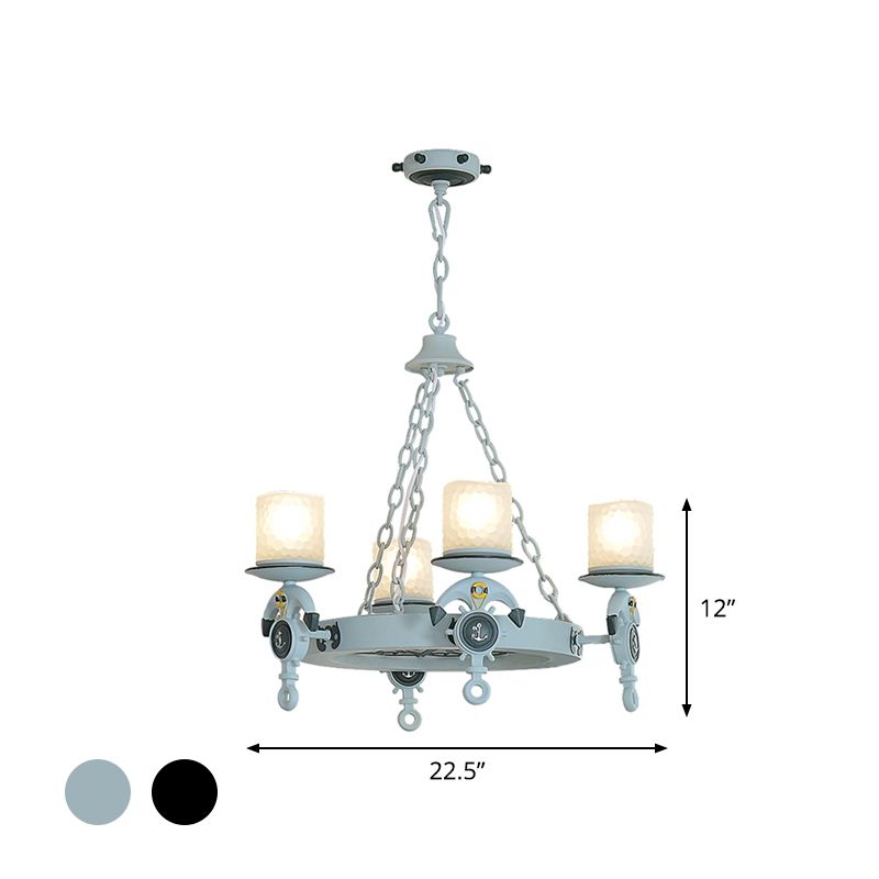 4 Heads Parlor Chandelier Light Children Blue/Brown Hanging Lamp Kit with Cylinder Frosted Glass Shade