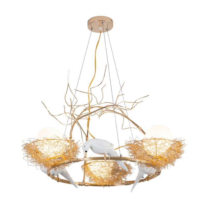 3 Lights Circle Nest Chandelier Lovely Metal Pendant Light with Bird & Egg in Gold for Cafe