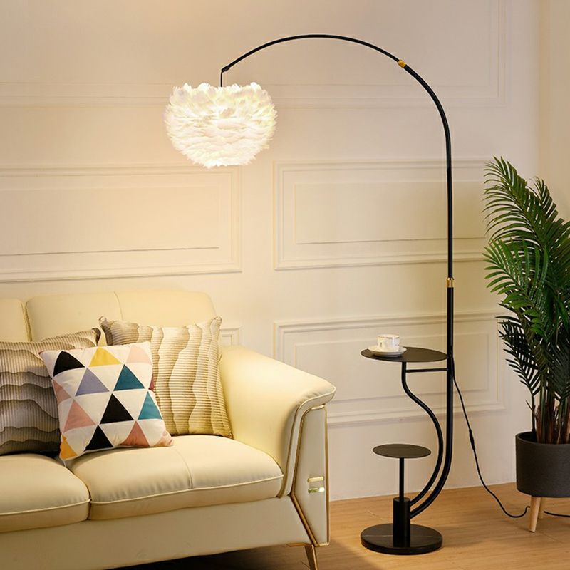 Modern Hemisphere Floor Light Feather Single Living Room Arched Standing Lamp with Tray