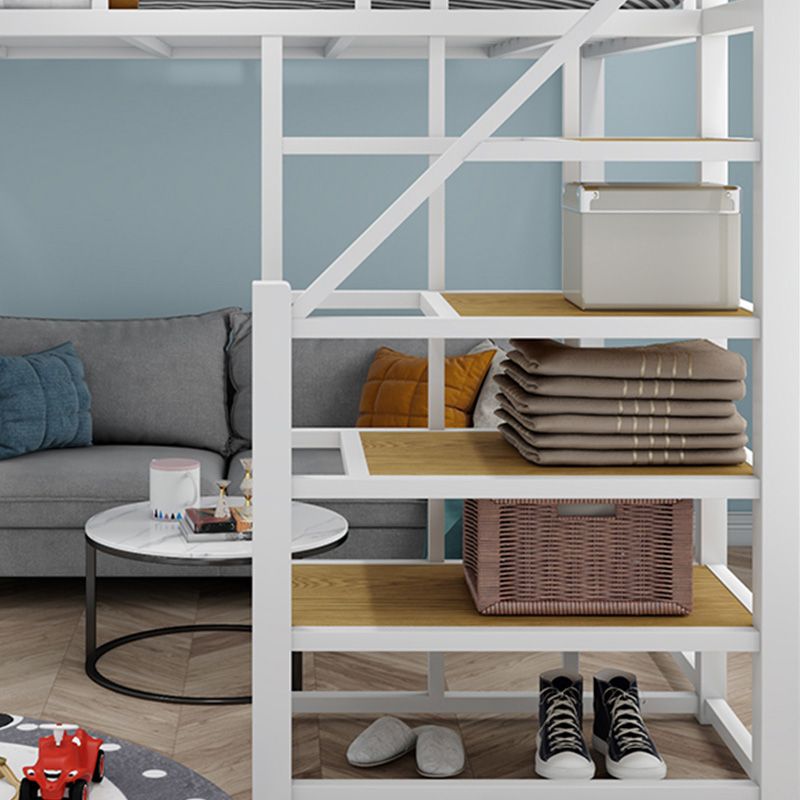 Industrial Loft Bed with Shelves and Guardrail in Iron Black/White Bed