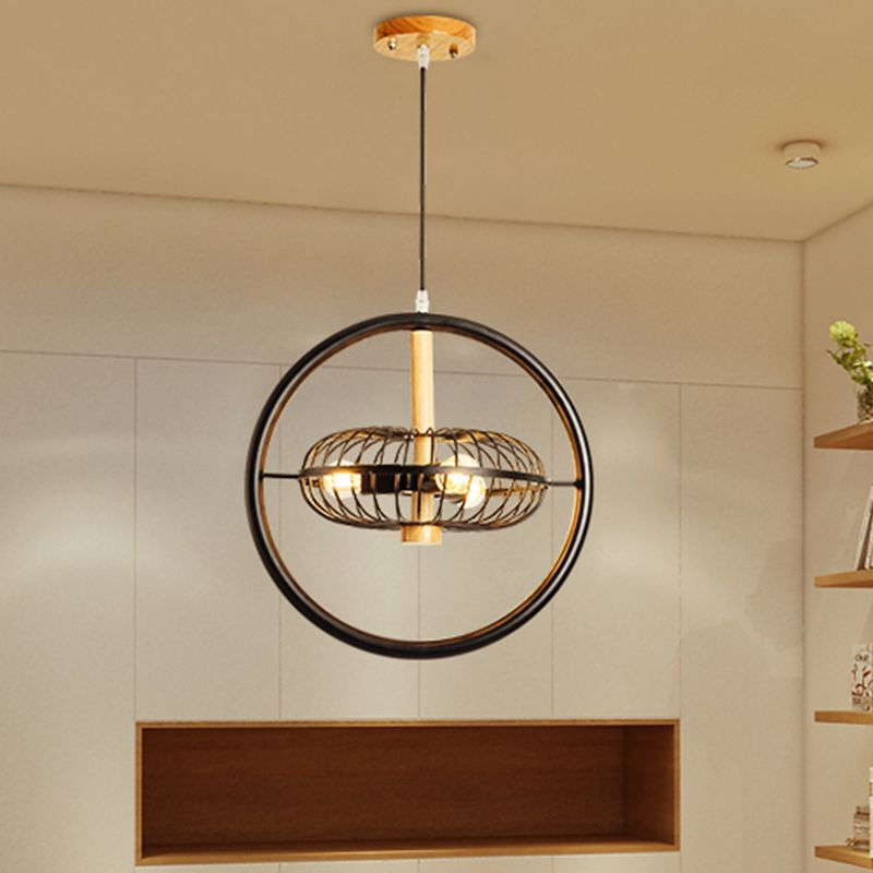 3 Lights Caged Chandelier Lighting Industrial Black Metal Pendant Lamp for Dining Room