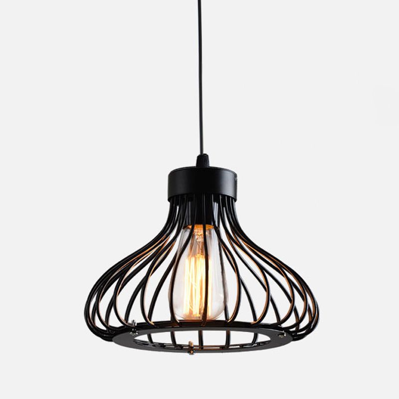 Rustic Cone/Oval/Globe Ceiling Hang Lamp 1 Light Iron Suspended Lighting Fixture in Black for Dining Room