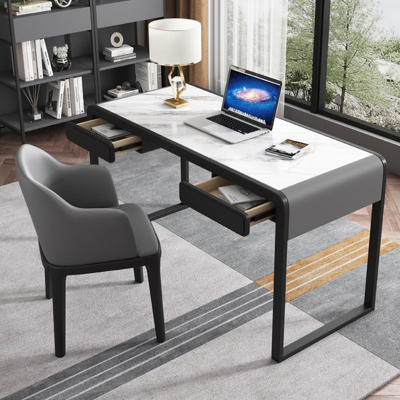 Modern Stone Office Desk Rectangle Task Desk with 2 Drawers for Home