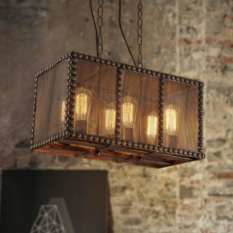 Rectangle Cage Metal Chandelier Lighting with Mesh Screen and Rivets Antique Style 6-Light Indoor Ceiling Light Fixture in Rust