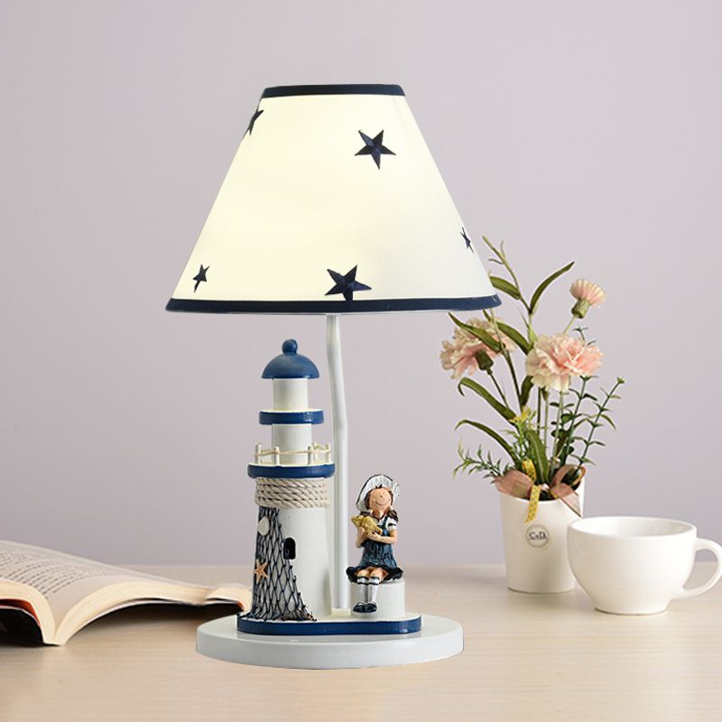 Boy/Girl and Lighthouse Table Light Cartoon Resin 1 Light White/Blue Night Stand Lamp with Tapered Shade