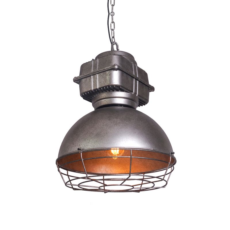 Aged Silver Bowl Ceiling Pendant Industrial Style Iron 1 Light Restaurant Drop Lamp with Wire Guard