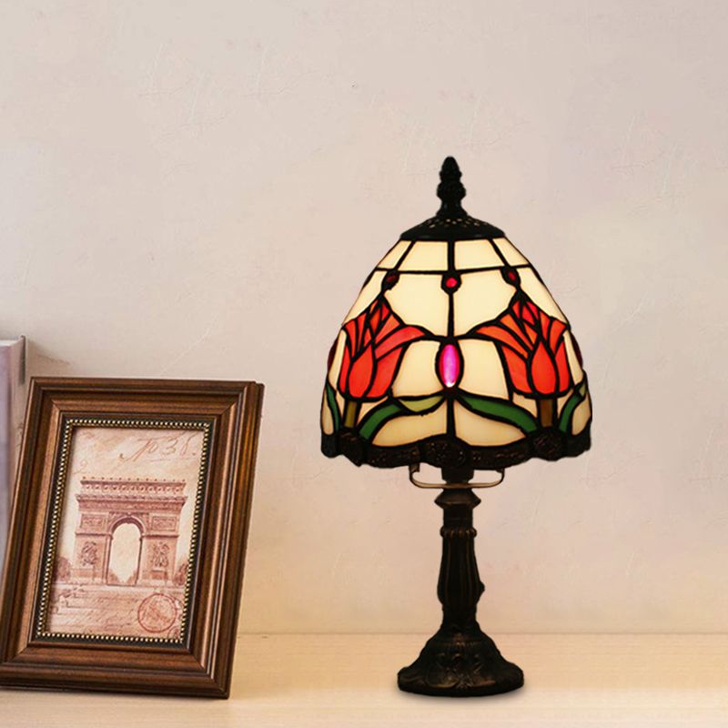 Dome Shape Nightstand Lighting 1-Light Stained Glass Baroque Style Blossom Patterned Table Lamp in Red/Pink/Orange