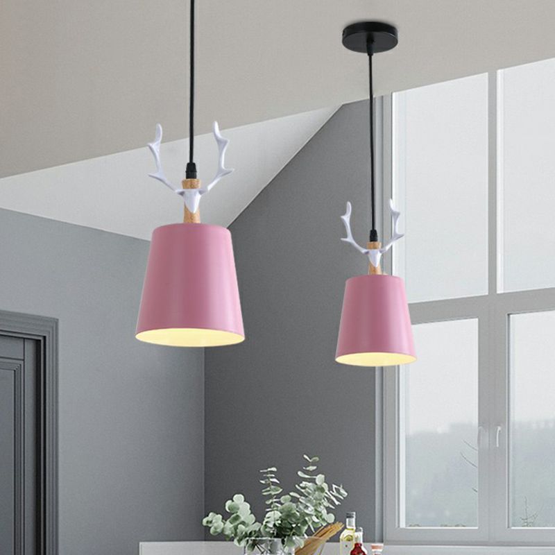 Macaron Taper Hanging Ceiling Light Metal Single Dining Room Drop Pendant with Antler Decor