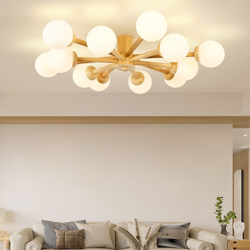 Brown Modern Ceiling Light Ball Shape Wood Flush Mount with Glass Shade for Bedroom