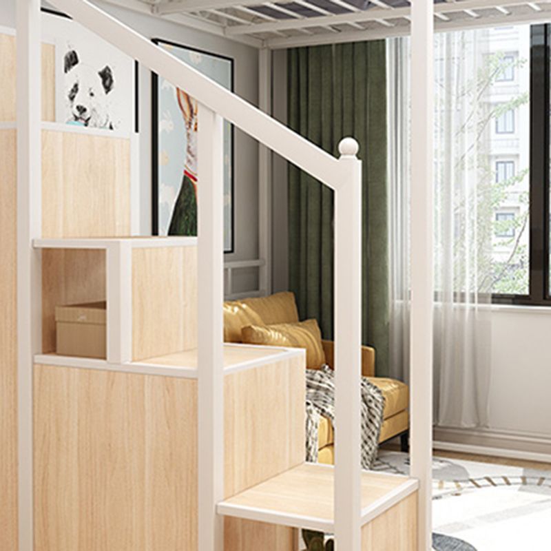 Metal Loft Bed Natural Storage Kids Bed with Guardrails and Shelves