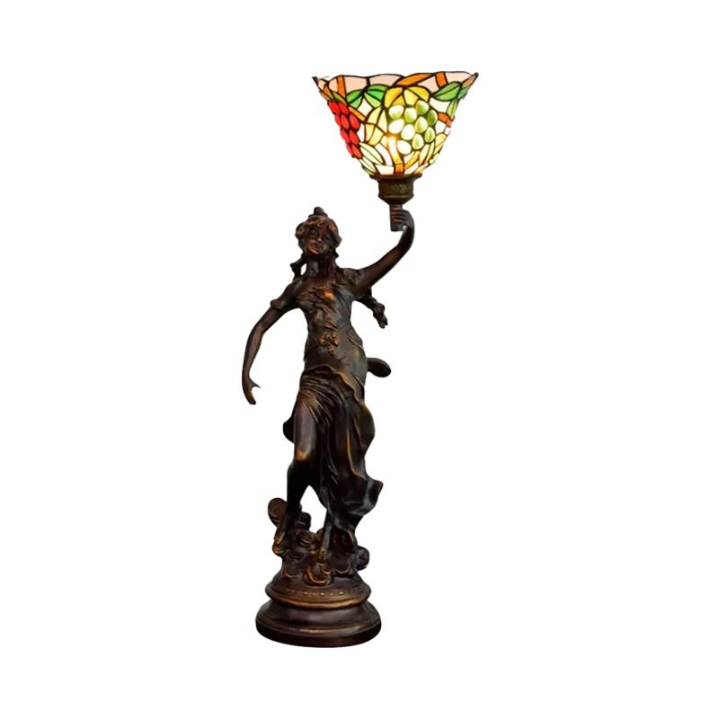 Angel Statue Night Stand Light Single White-Green/Orange/Green Floral Glass Tiffany Table Lighting in Bronze