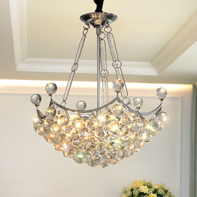 Clear Crystal Bowl Chandelier Light Fixture Modernist 6 Bulbs Dining Table Suspension Light in Chrome