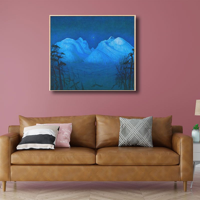 Blue Night Mountain Landscape Art Print Textured Rustic Corridor Wall Decoration