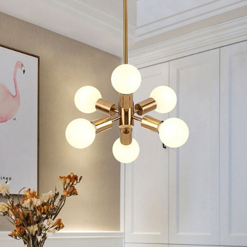 Bare Bulb Metal Chandelier Lighting Modernist Style 6 Heads Golden Hanging Pendant Light for Dining Room