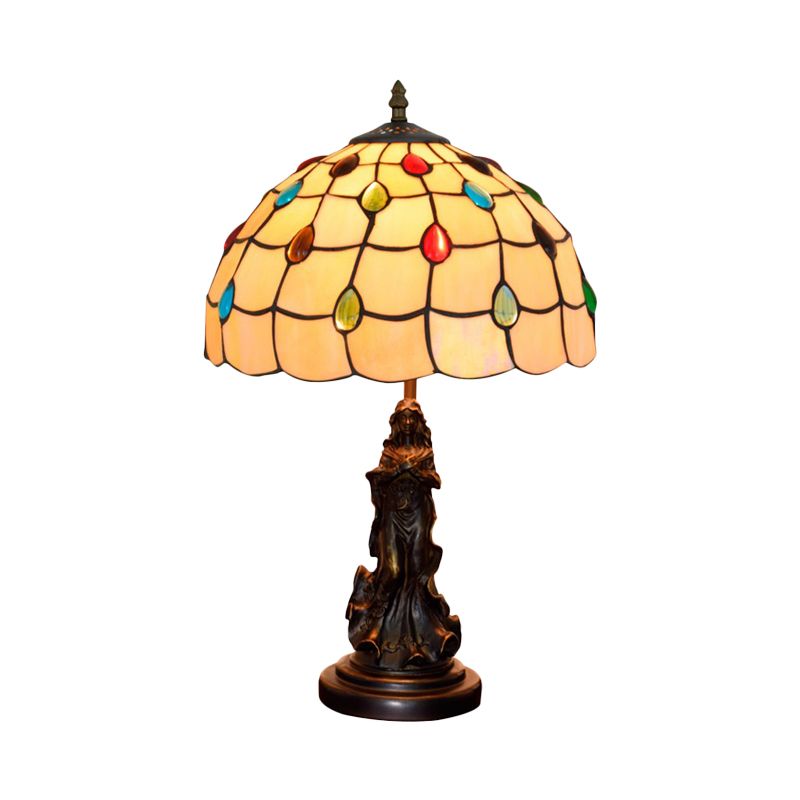 Cabochons-Embellished Grid Night Light 1-Light White/Beige Glass Tiffany Table Lamp with Angel Decor