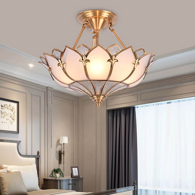 4/6/8 Heads Metal Semi Flush Light Traditionalist Brass Lotus Living Room Ceiling Mount Chandelier, 18"/25"/31.5" W