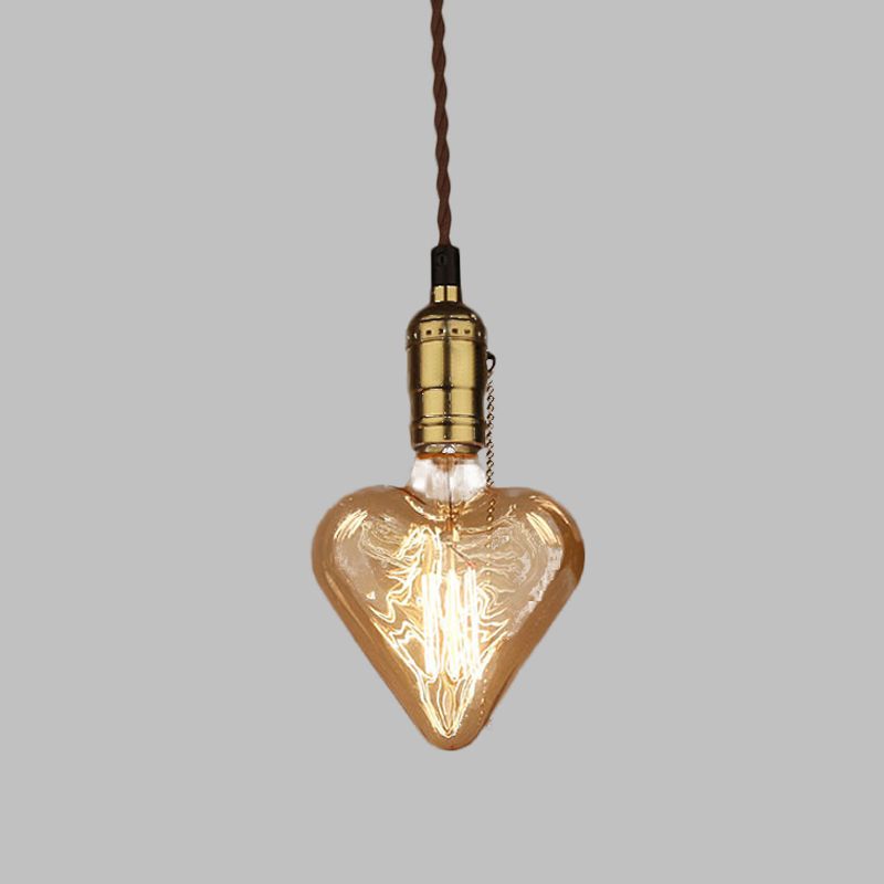 Industrial Heart Shape Down Lighting 1-Light Amber Glass Hanging Pendant Lamp in Brass