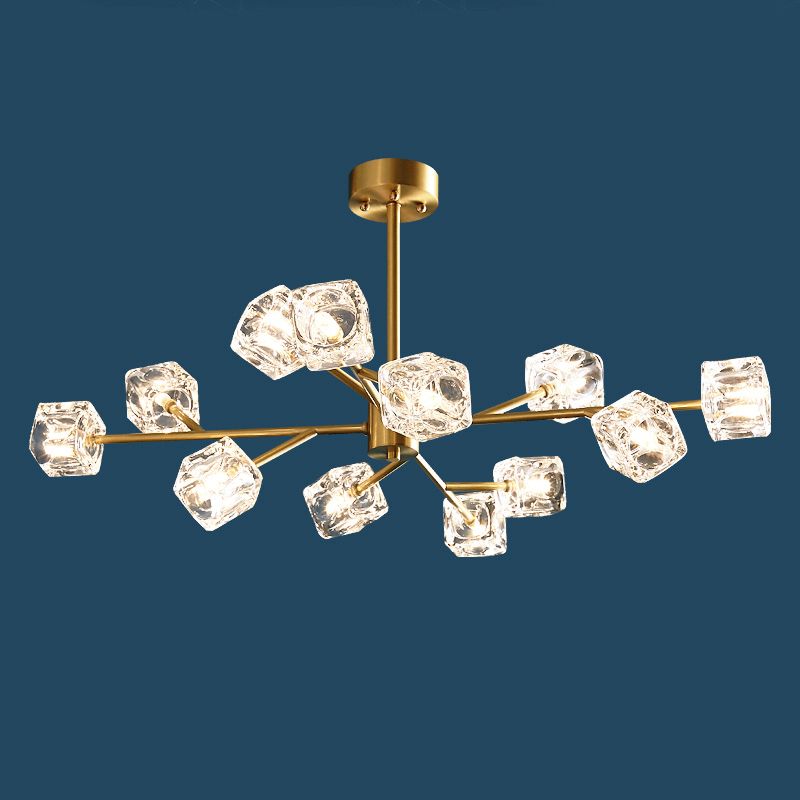 Crystal Cube Pendant Lighting Minimalist Gold Finish Chandelier with Branch Design