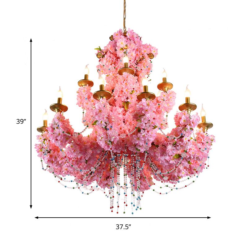 Pink 12 Heads Chandelier Lamp Industrial Metal Candelabra Flower Hanging Light Fixture for Restaurant