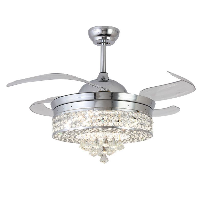 42" W Chrome Round Hanging Fan Lamp Minimalist Beveled Crystal LED Semi Flush Light Fixture with 4 Blades