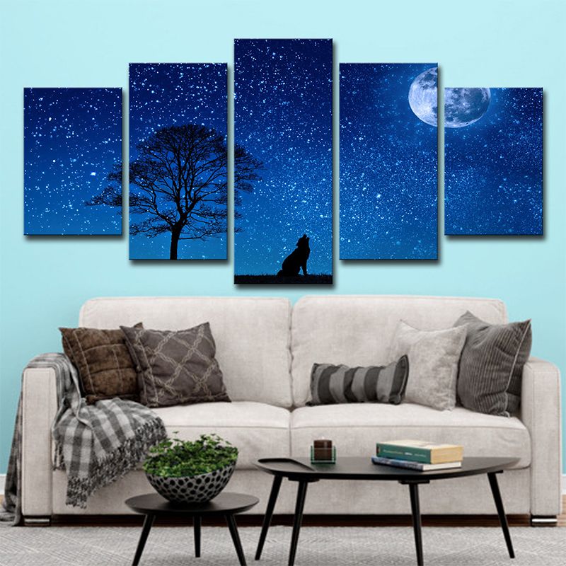 Blue Kids Wall Art Starry Moon Night Wolf Shadow Canvas Print for Living Room