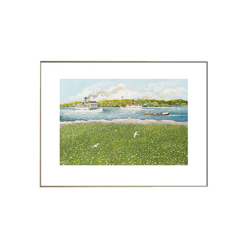 Park Scenery Art Print Tropix Nostalgic Meadow and Steamship Drawing Canvas in Green