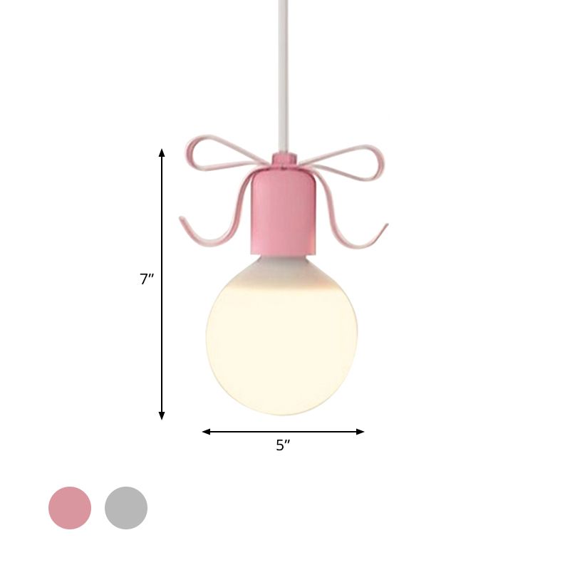 White Glass Modo Hanging Light Kit Macaron 1-Head Grey/Pink Finish Ceiling Pendant Lamp with Bow Deco