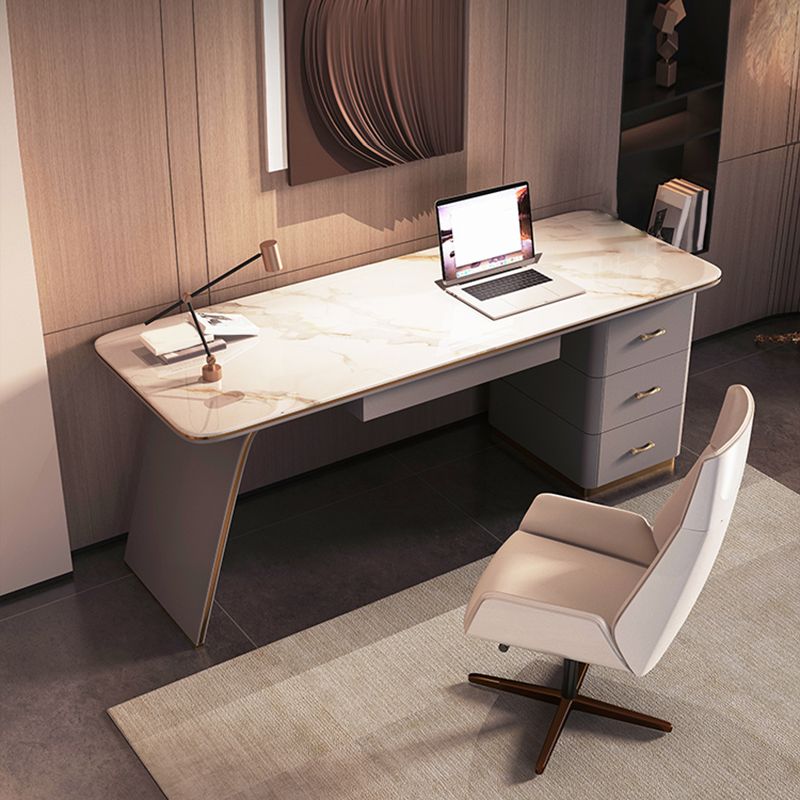 Modern Stone Office Desk Rectangular Shape Task Desk with 4-Drawers in White