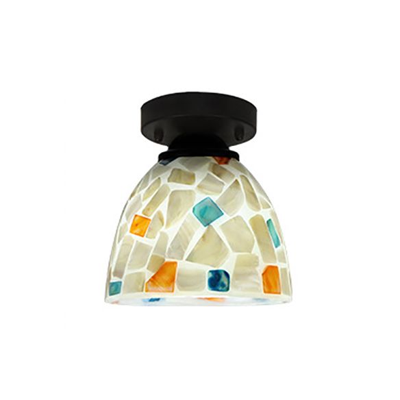 Beige Ceiling Light Fixture with Geometric/Circle/Square Pattern Tiffany Mosaic Glass 1 Bulb Flush Mount Ceiling Light