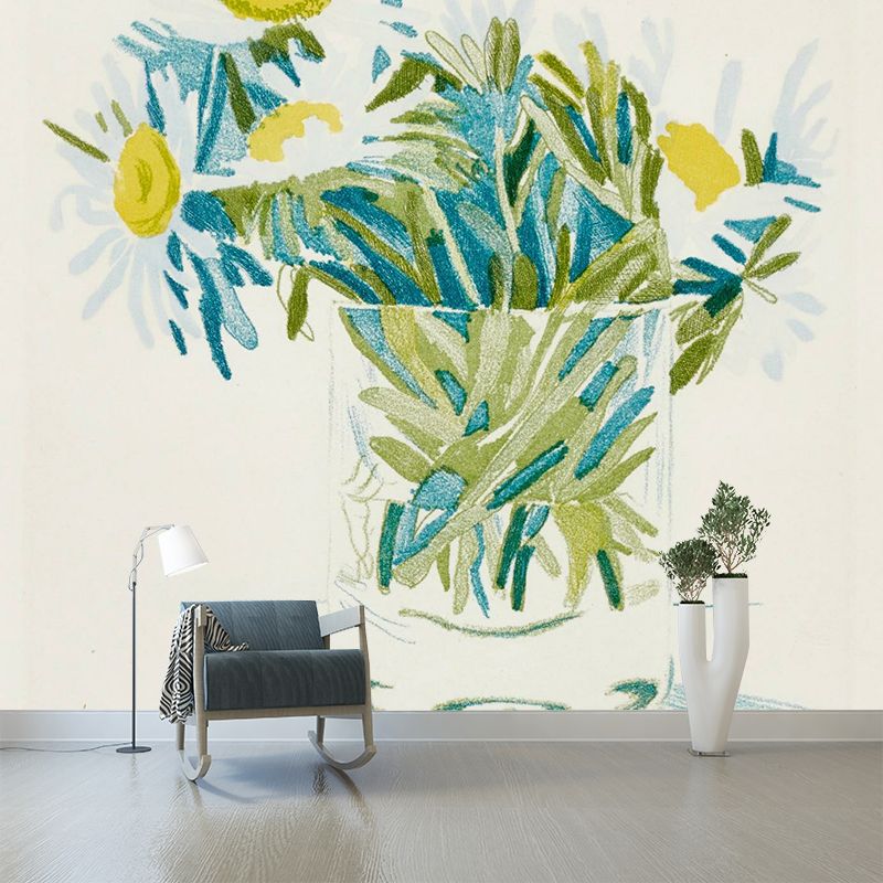 Glass of Daisy Flower Murals Yellow-Green Modern Art Wall Covering for Girls Room