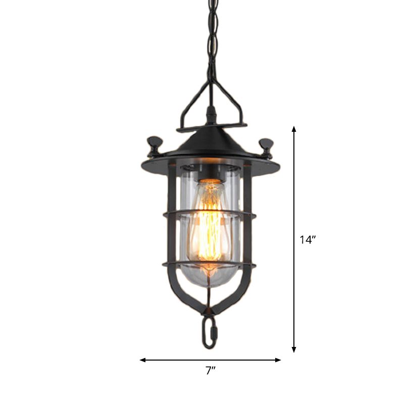 Single-Bulb Clear Glass Pendant Light Vintage Black Capsule Eetkamer Pendulum Licht met kooi