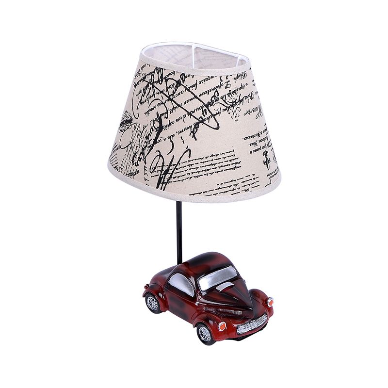 Barrel Night Table Lamp Kids Fabric 1-Light Bedroom Nightstand Light in Beige with Car Base