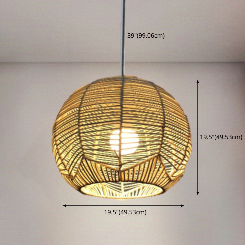 Spherical Shade Rattan Hanging Light Fixture Asian 1-Light Beige Pendulum Light