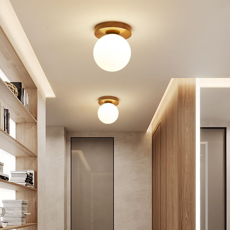 Spherical Ceiling Mounted Fixture Simplicity Style Wood Ceiling Mounted Light