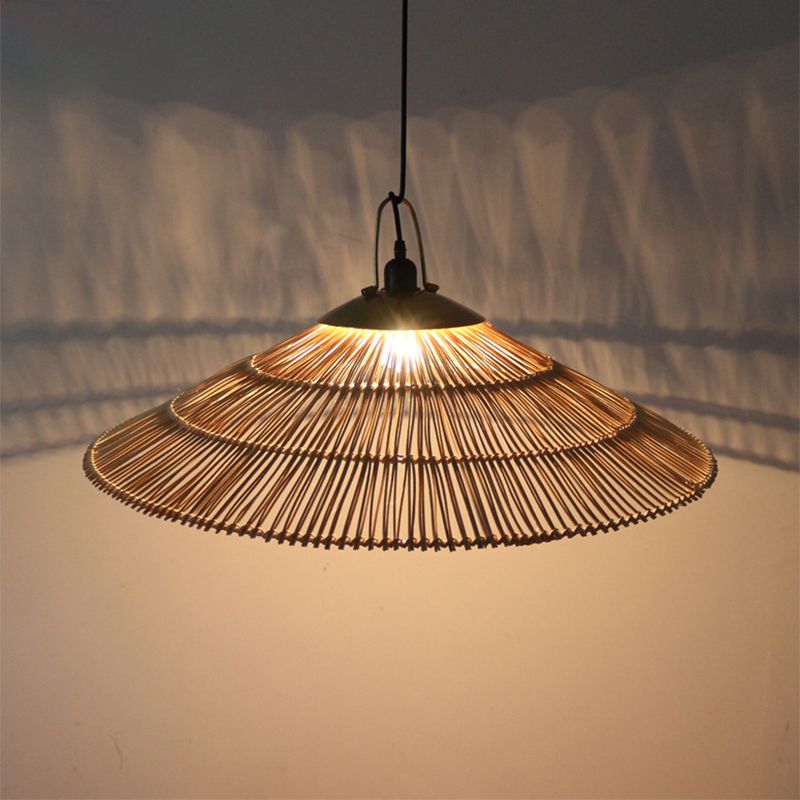 Asian Single Bulb Pendant Lamp with Hand-Woven Rattan Brown Tapered Hanging Light for Restaurant Living Room