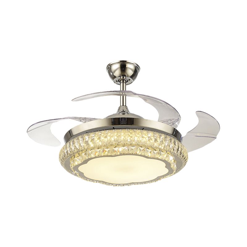 Crystal Block Round Ceiling Fan Lamp Simple 19" W LED Gold Semi Mount Lighting with Star/Floral Design, 4 Blades