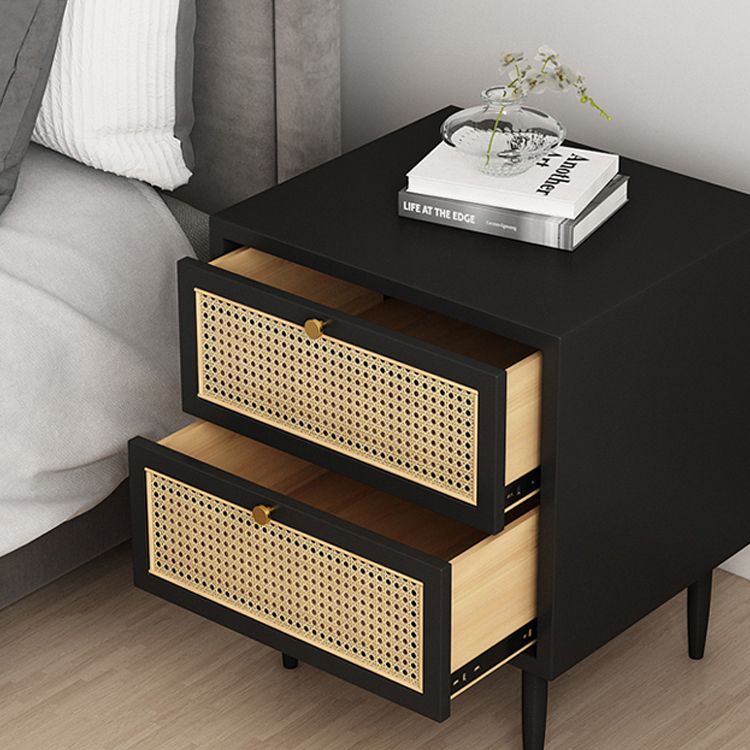 Wicker & Rattan Modern Night Table Solid Wood 2-Drawer Storage Nightstand in Black/White