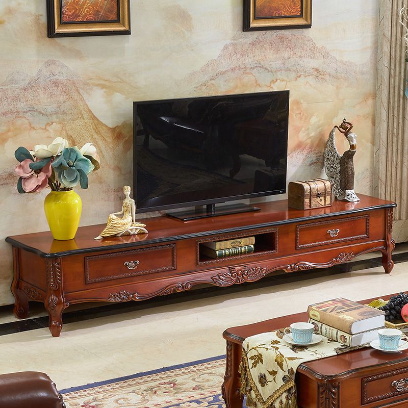 Brown Traditional Style TV Stand Oak Wood TV Cabinet with 2 Drawers