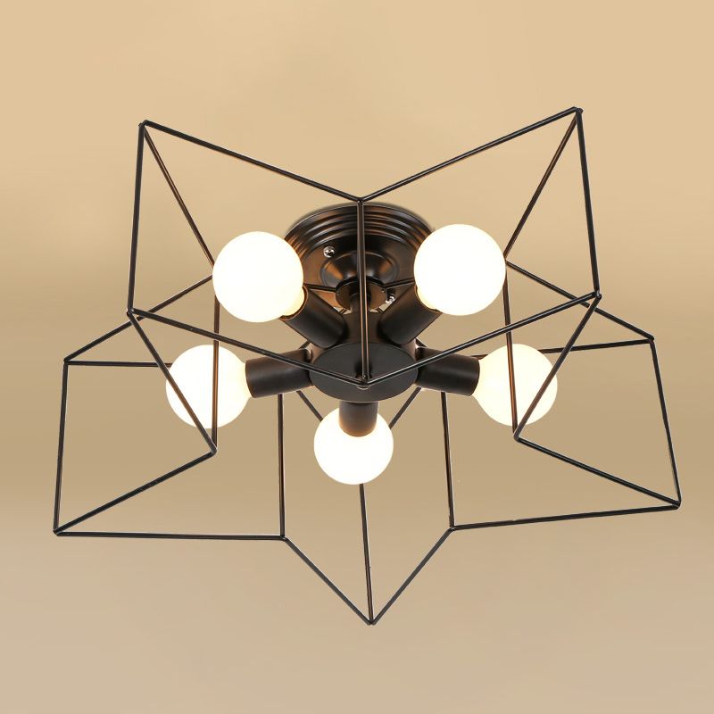 Black Star Semi Flush Mount in Industrial Retro Style Wrought Iron 5-Light Ceiling Light