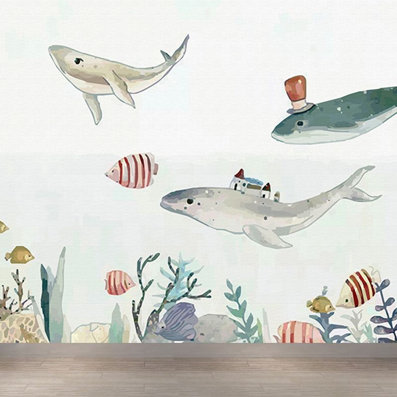 Great Whale and Sea Mural Wallpaper Children's Art Non-Woven Material Wall Covering