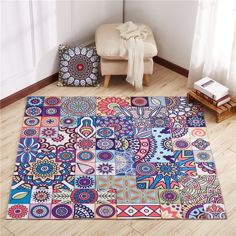 Moroccan Mandala Patchwork Rug Multi-Colored Polyester Rug Pet Friendly Anti-Slip Machine Washable Rug for Great Room