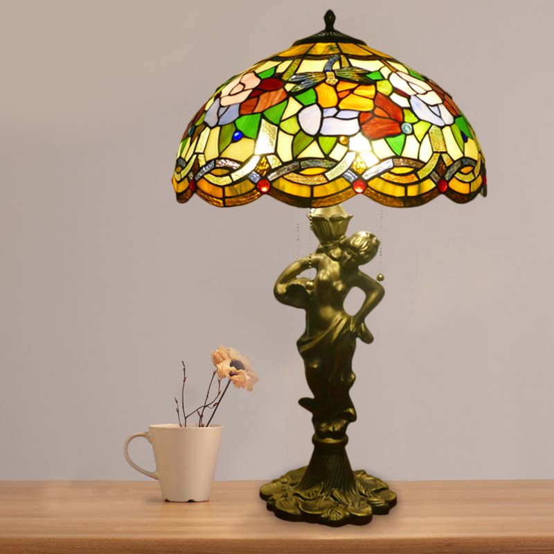 3 Heads Bell/Scalloped Night Lighting Baroque Gold Stained Glass Flower Patterned Task Lamp with Resin Naked Woman