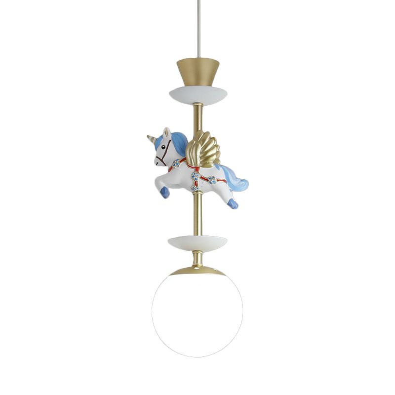 Contemporary 1 Bulb Pedant Lighting Fixture with Opal Glass Shade Pink/Blue Unicorn Hanging Lamp