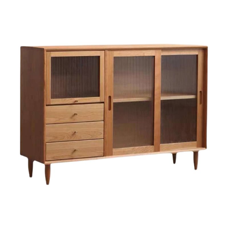 3-Drawer Pine Wood Sideboard Modern Glass Sliding Door Cabinets Credenza for Living Room