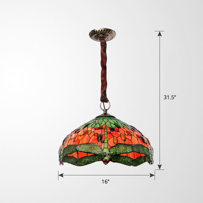 Green 3 Lights Suspension Lamp Tiffany Stained Glass Bowl Chandelier with Dragonfly Pattern and Gem-Like Cabochons