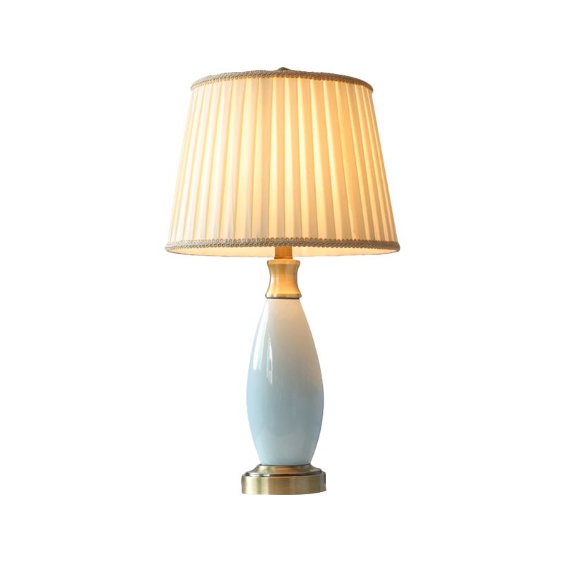 Retro Style Ridged Cone Night Light 1 Head Fabric Desk Lamp with Blue Ceramic Oval Decor in White