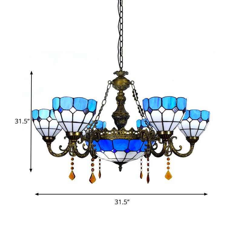 Art Glass Domed Chandelier with Agate Multi-Head Tiffany Traditional Hanging Light in Blue